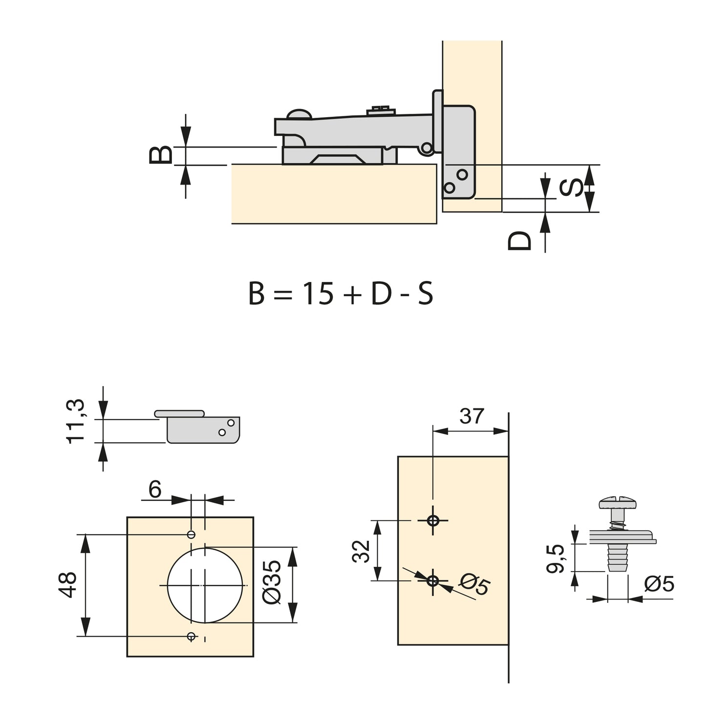 Emuca Lotto di 20 cerniere collo dritto X92N e basette di montaggio misto, diametro 5x9,5 mm, altezza 0, Acciaio, Nichelato