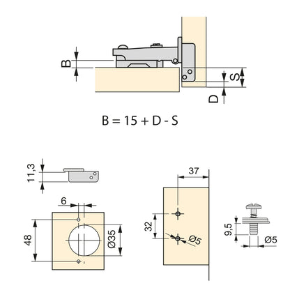 Emuca Lotto di 20 cerniere collo dritto X92N e basette di montaggio misto, diametro 5x9,5 mm, altezza 0, Acciaio, Nichelato