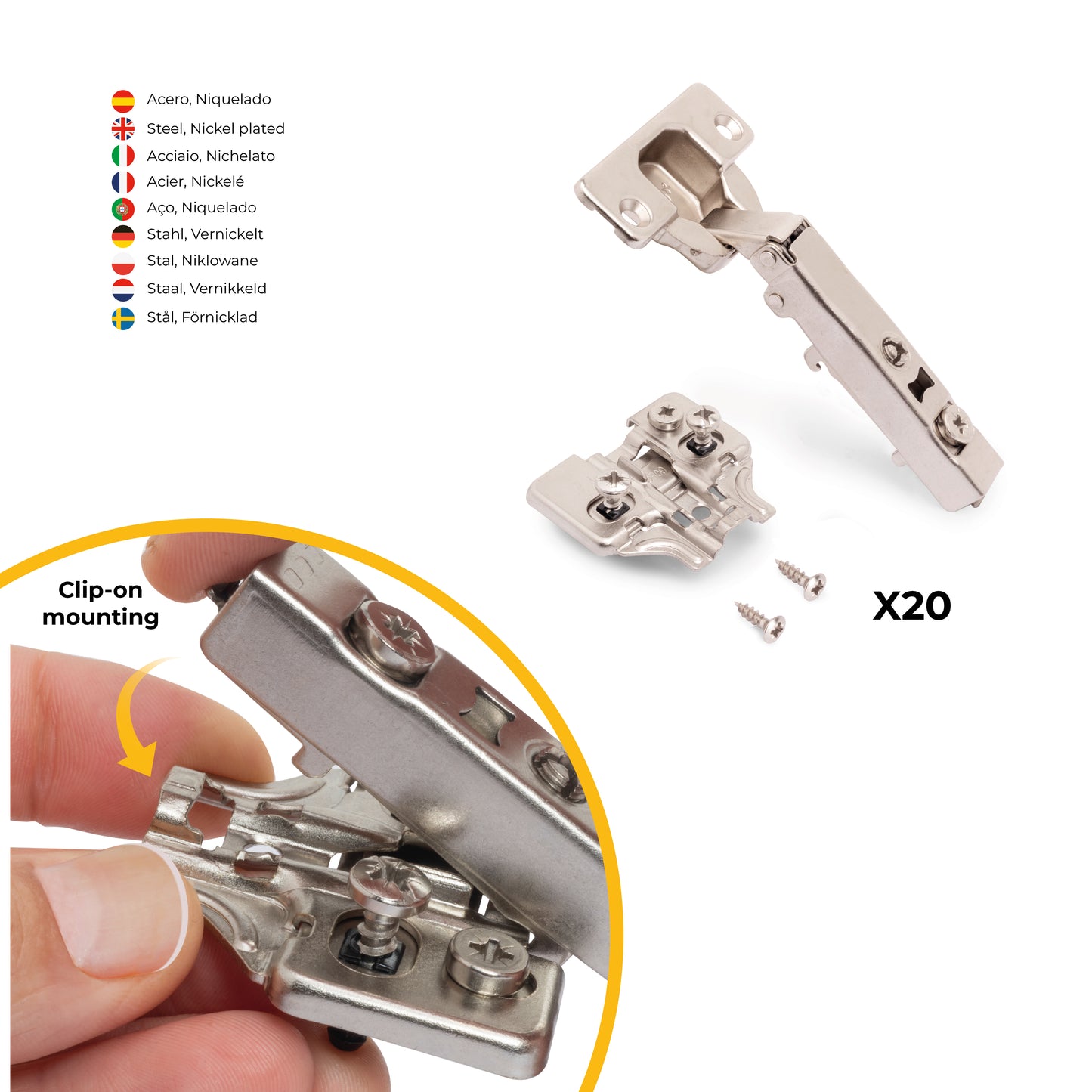 Emuca Lotto di 20 cerniere collo dritto X92N e basette di montaggio misto, diametro 5x9,5 mm, altezza 0, Acciaio, Nichelato