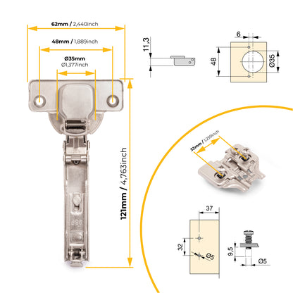 Emuca Lotto di 20 cerniere collo dritto X92N e basette di montaggio misto, diametro 5x9,5 mm, altezza 0, Acciaio, Nichelato