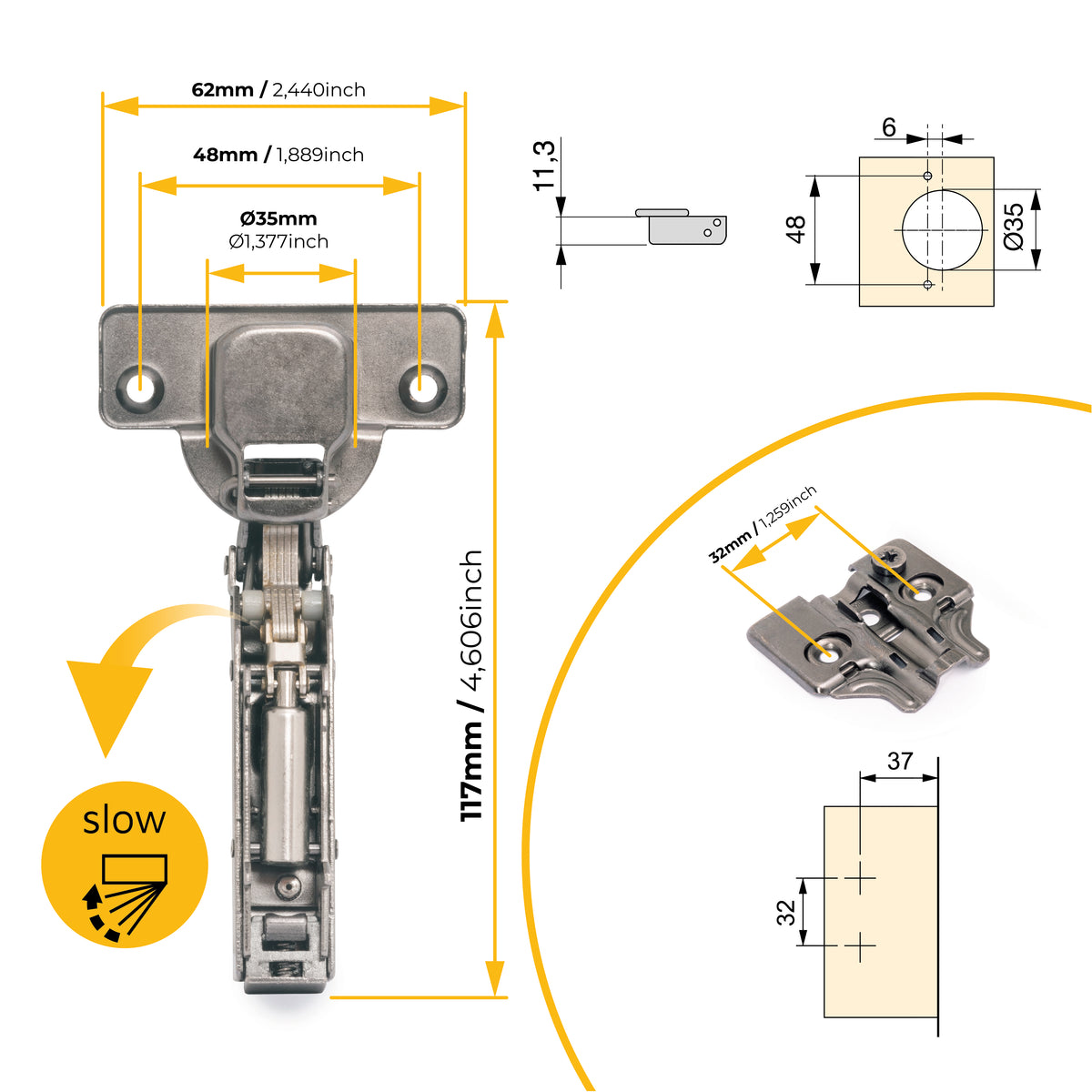Kit cerniera mezzo collo X91 con chiusura ammortizzata, basette per vite