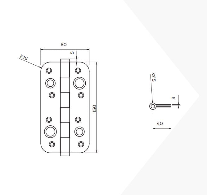 Emuca Lotto di 5 cerniere per porte di sicurezza, 150x80 mm, cerniere anti-leva con bordi arrotondati, senza perno di blocco, Acciaio, Nera