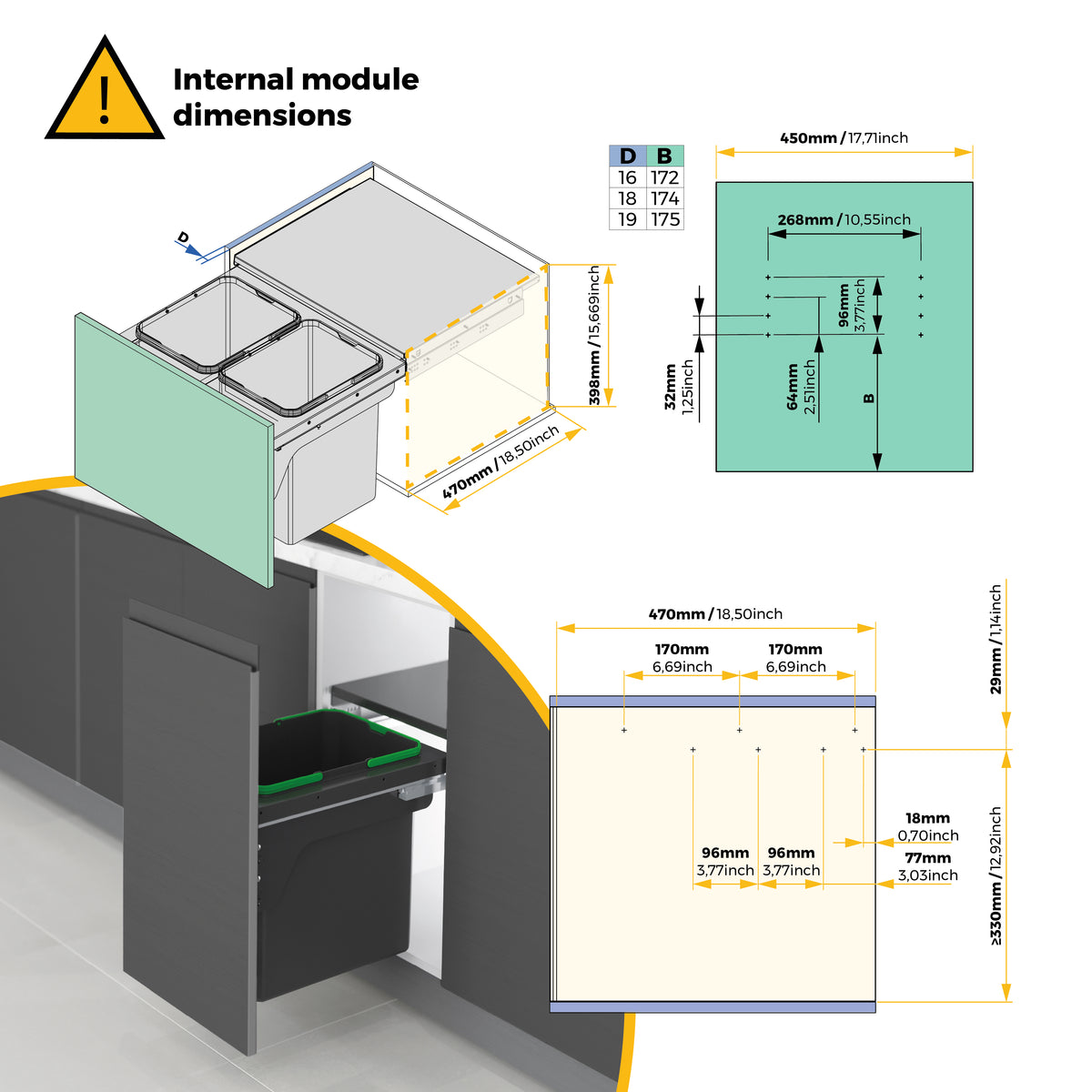 Pattumiere per la raccolta differenziata Recycle 2 x 24L per cucina con fissaggio laterale ed estrazione manuale