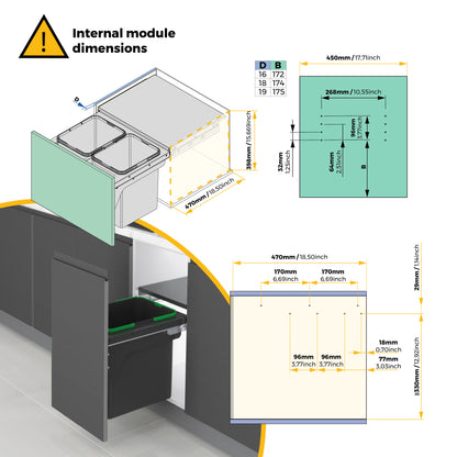 Pattumiere per la raccolta differenziata Recycle 2 x 24L per cucina con fissaggio laterale ed estrazione manuale