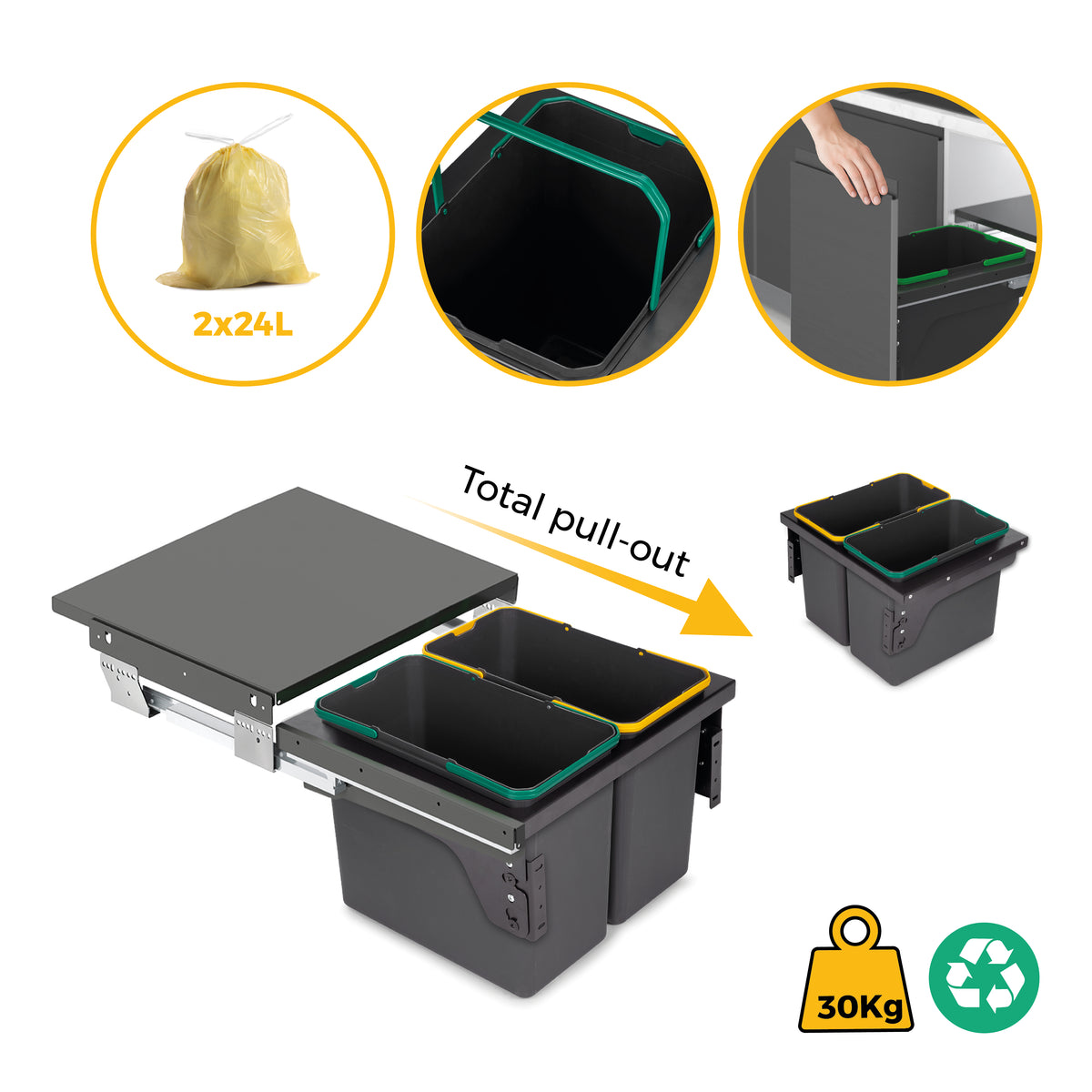 Pattumiere per la raccolta differenziata Recycle 2 x 24L per cucina con fissaggio laterale ed estrazione manuale