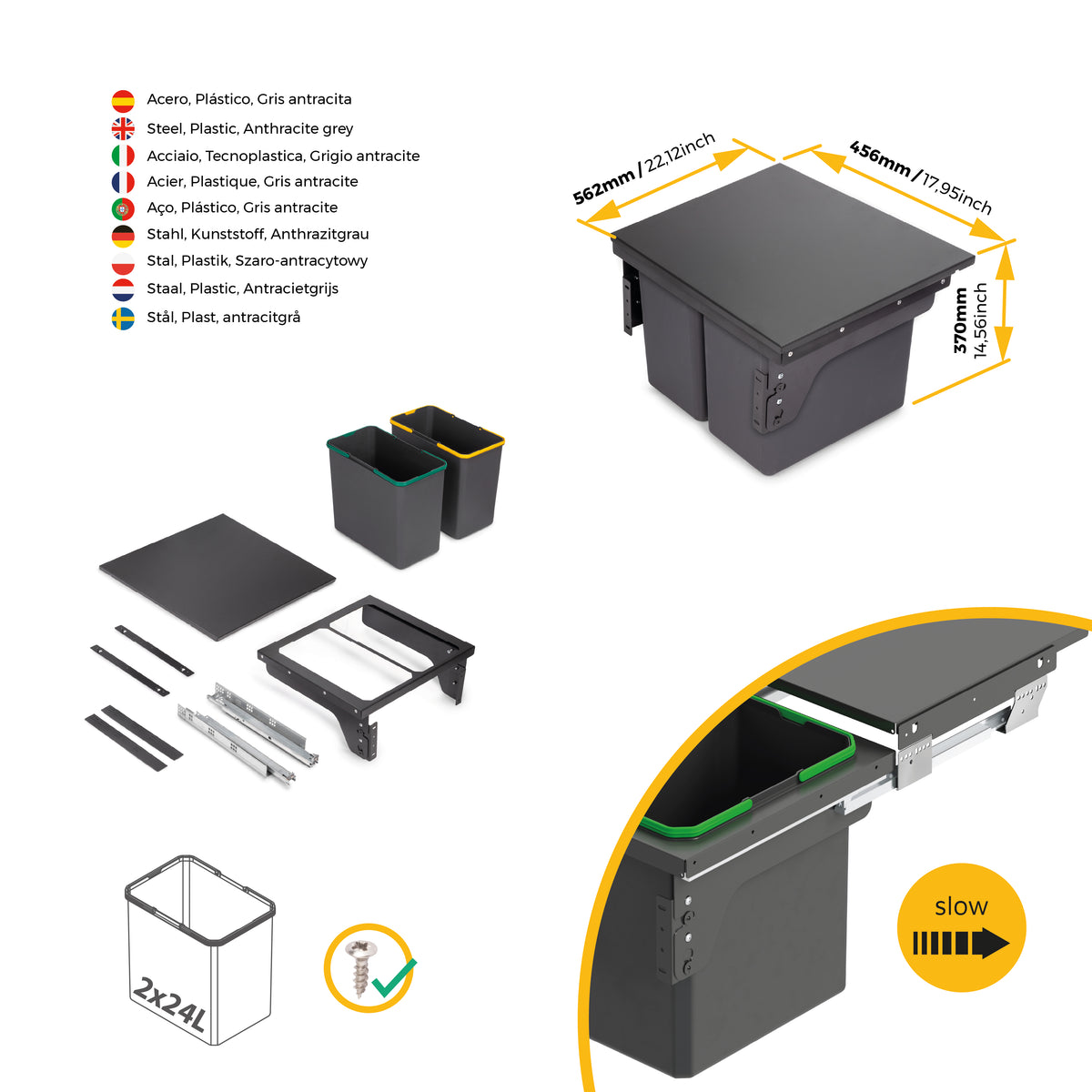 Pattumiere per la raccolta differenziata Recycle 2 x 24L per cucina con fissaggio laterale ed estrazione manuale