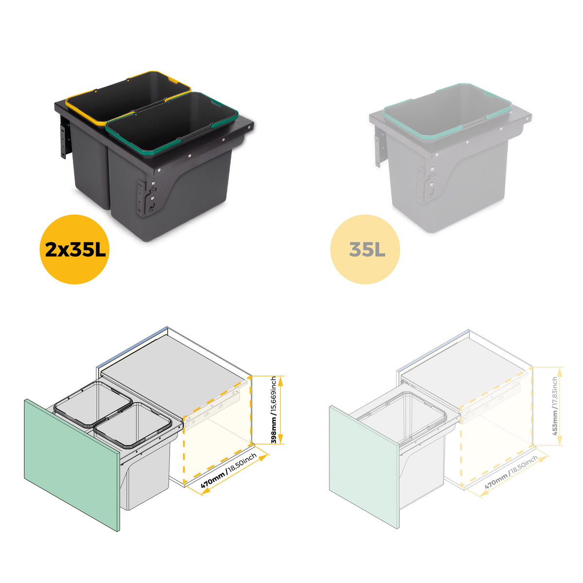 Pattumiere per la raccolta differenziata Recycle 2 x 24L per cucina con fissaggio laterale ed estrazione manuale