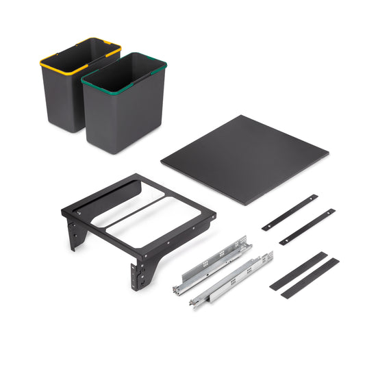 Emuca Recycle, contenitore per la raccolta differenziata da montare lateralmente sul mobile della cucina Recycle 2x24lt, Acciaio, Tecnoplastica Grigio antracite