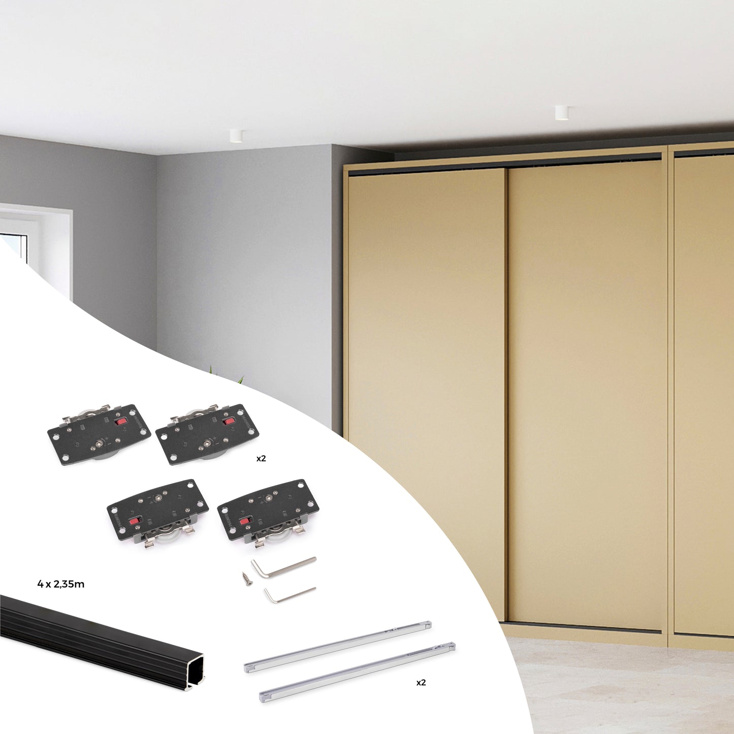 Emuca Kit di ferramenta per armadio 2 con porte scorrevoli e chiusura soft Flow2 con binari incassati 2,35 m, pannelli non inclusi, Verniciato nero