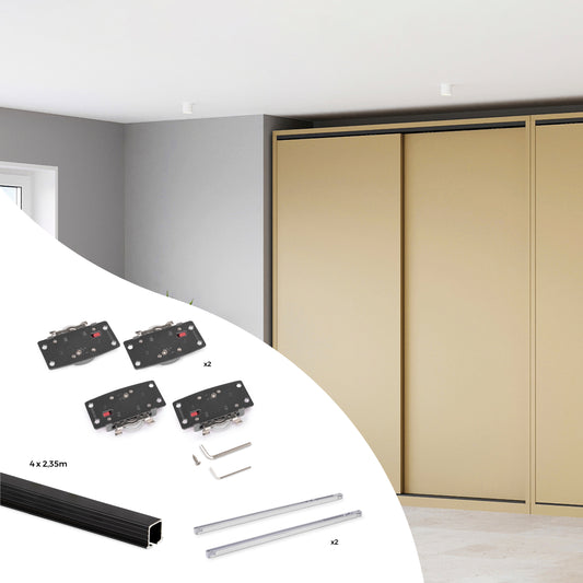 Emuca Kit di ferramenta per armadio 2 con porte scorrevoli e chiusura soft Flow2 con binari incassati 2,35 m, pannelli non inclusi, Verniciato nero