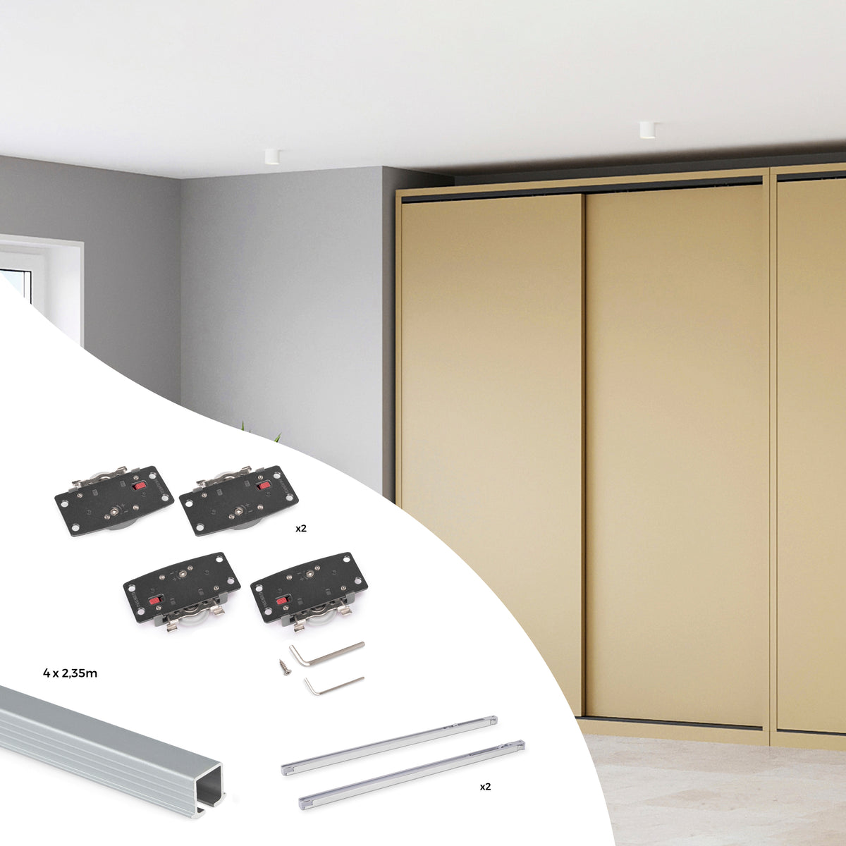Sistema Flow 2 in formato kit per armadio a 2 ante scorrevoli in legno supportate con chiusura ammortizzata