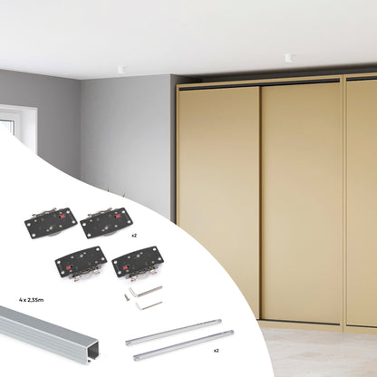 Sistema Flow 2 in formato kit per armadio a 2 ante scorrevoli in legno supportate con chiusura ammortizzata