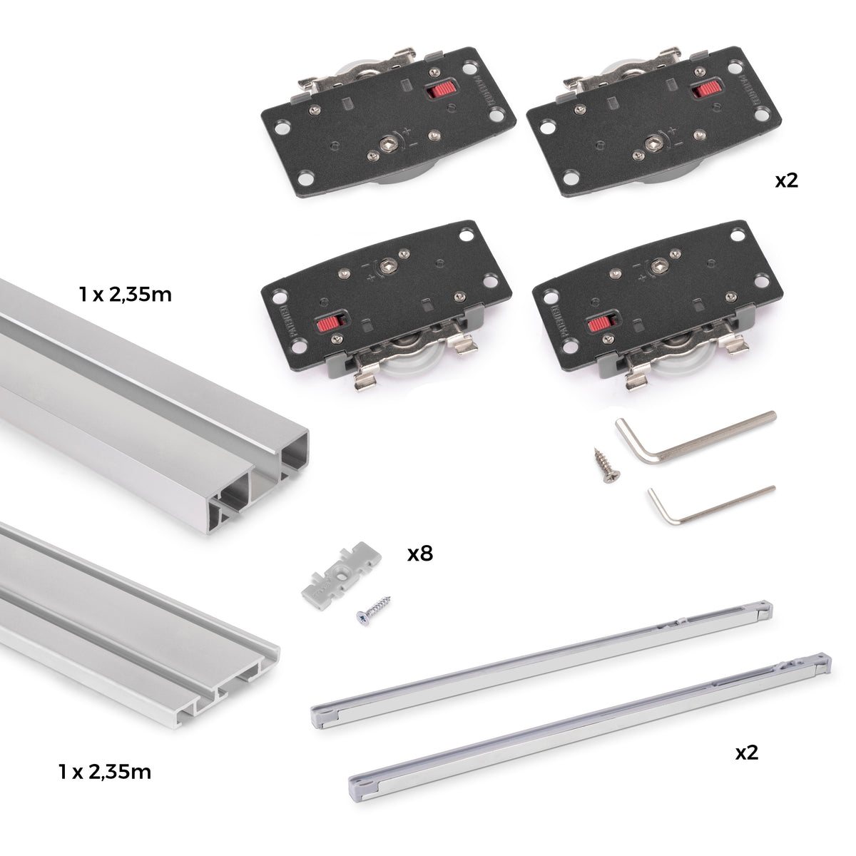 Sistema Flow 2 da superficie in kit per un armadio con 2 ante scorrevoli in legno supportate da chiusura ammortizzata