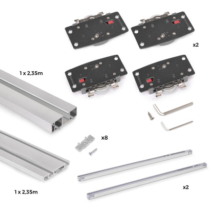 Sistema Flow 2 da superficie in kit per un armadio con 2 ante scorrevoli in legno supportate da chiusura ammortizzata