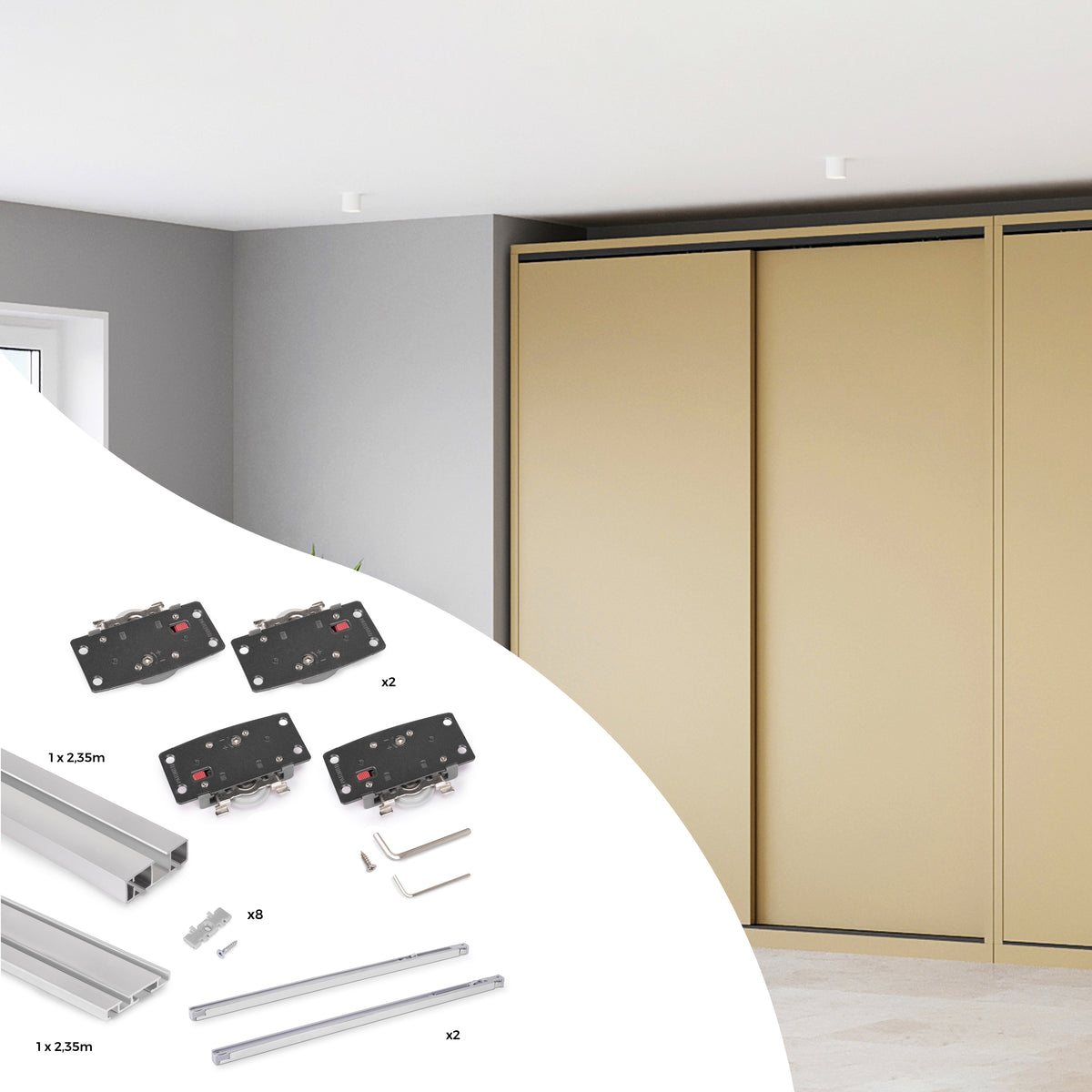 Sistema Flow 2 da superficie in kit per un armadio con 2 ante scorrevoli in legno supportate da chiusura ammortizzata