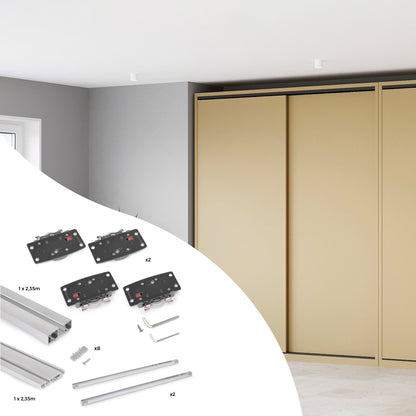 Sistema Flow 2 da superficie in kit per un armadio con 2 ante scorrevoli in legno supportate da chiusura ammortizzata