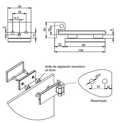 Emuca Cerniera per anta in vetro, cerniera orizzontale con forcella da 40 mm, per anta da 8-12 mm, alluminio e acciaio, grigio metallizzato