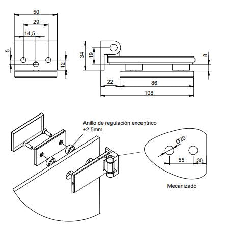 Cerniera per anta in vetro con forcella da 40mm
