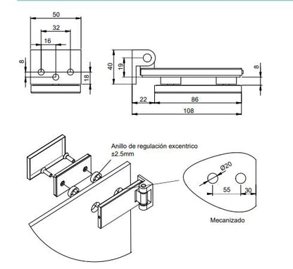 Cerniera per anta in vetro con forcella da 40mm