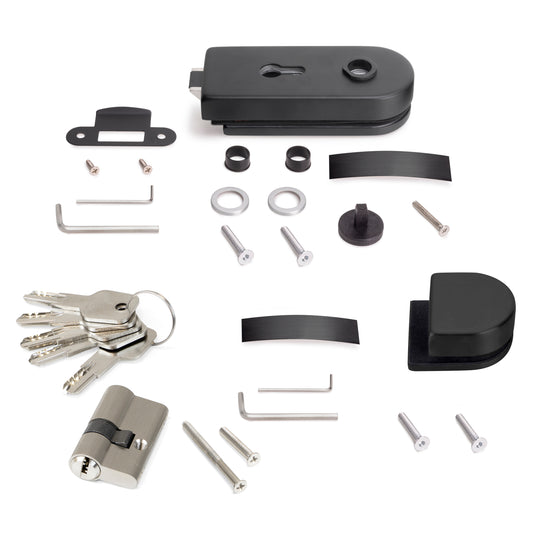 Emuca  Kit serratura e riscontro per porte a doppio vetro, scrocco orizzontale per porta in vetro 8-12mm, acciaio e alluminio, verniciato nero