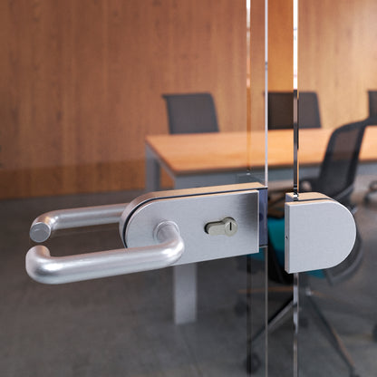 Emuca  Kit serratura e riscontro per porte a doppio vetro, scrocco orizzontale per porta in vetro 8-12mm, acciaio e alluminio, anodizzato opaco