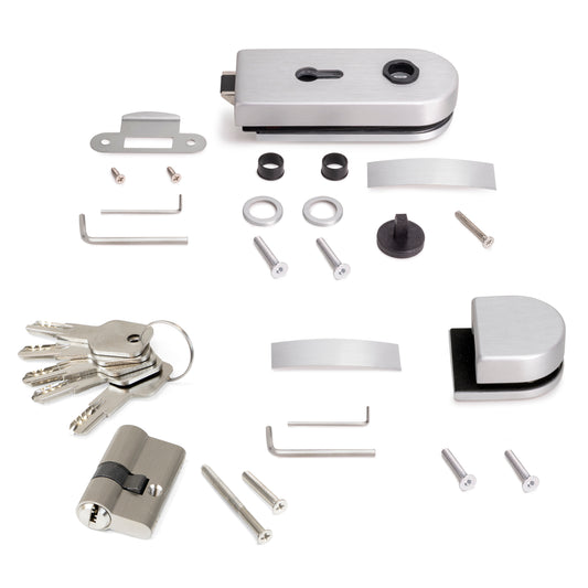 Emuca  Kit serratura e riscontro per porte a doppio vetro, scrocco orizzontale per porta in vetro 8-12mm, acciaio e alluminio, anodizzato opaco