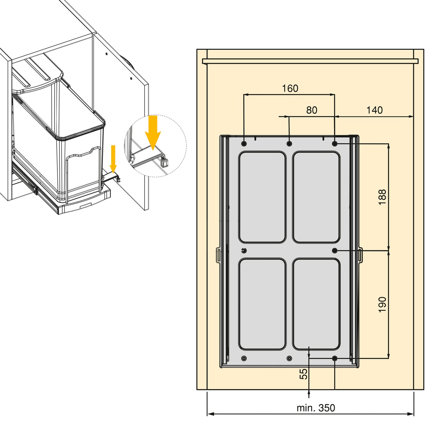 Emuca Pattumiera per differenziata Recycle da cucina, 24 L, fissaggio sul fondo ed estrazione manuale/automaticamente, Tecnoplastica grigio antracite
