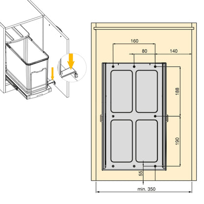 Emuca Pattumiera per differenziata Recycle da cucina, 24 L, fissaggio sul fondo ed estrazione manuale/automaticamente, Tecnoplastica grigio antracite