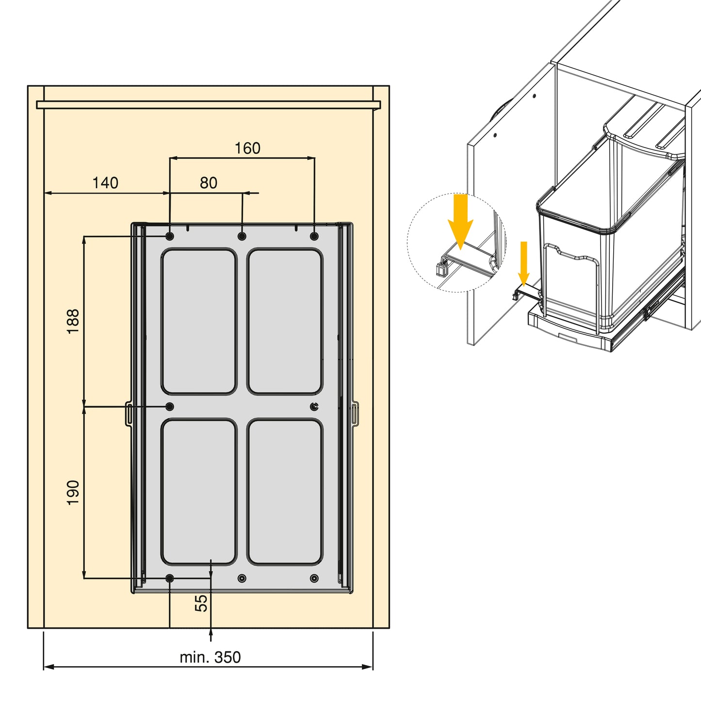 Emuca Pattumiera per differenziata Recycle da cucina, 24 L, fissaggio sul fondo ed estrazione manuale/automaticamente, Tecnoplastica grigio antracite