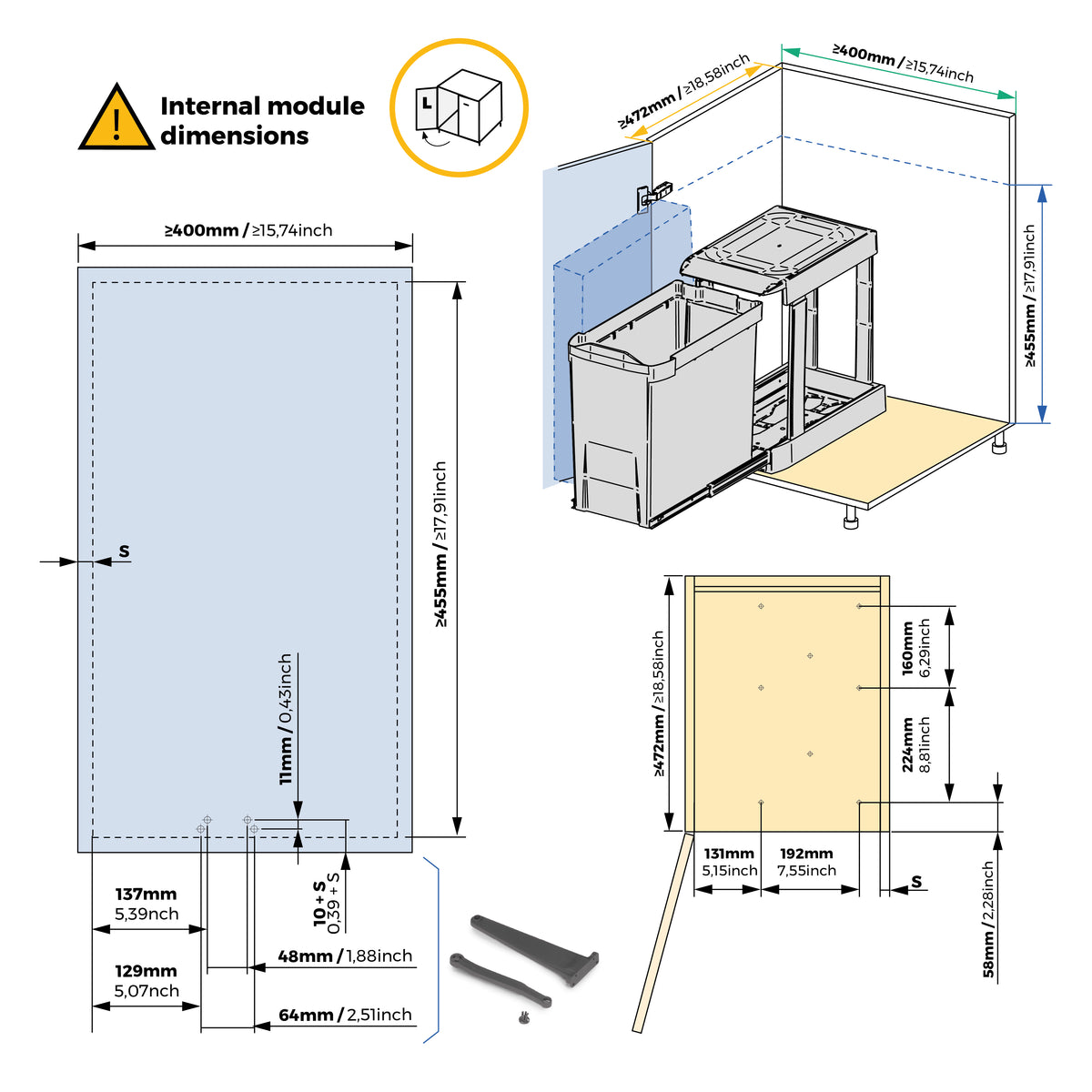 Pattumiera per raccolta differenziata per cucina, 1 x 30L, fissaggio inferiore, estrazione automatica