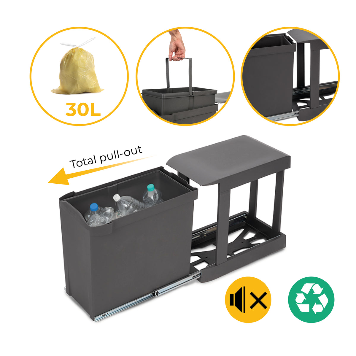Pattumiera per raccolta differenziata per cucina, 1 x 30L, fissaggio inferiore, estrazione automatica