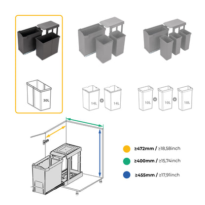 Emuca Pattumiere per raccolta differenziata per cucina, 1 x 30L, fissaggio inferiore, estrazione automatica, Acciaio e Tecnoplastica, Grigio antracite