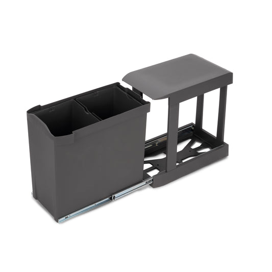 Emuca Pattumiere per raccolta differenziata per cucina, 2 x 14L, fissaggio inferiore, estrazione automatica, Acciaio e Tecnoplastica, Grigio antracite