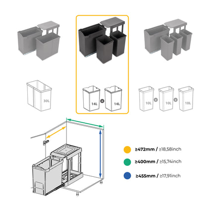 Emuca Pattumiere per raccolta differenziata per cucina, 2 x 14L, fissaggio inferiore, estrazione automatica, Acciaio e Tecnoplastica, Grigio antracite