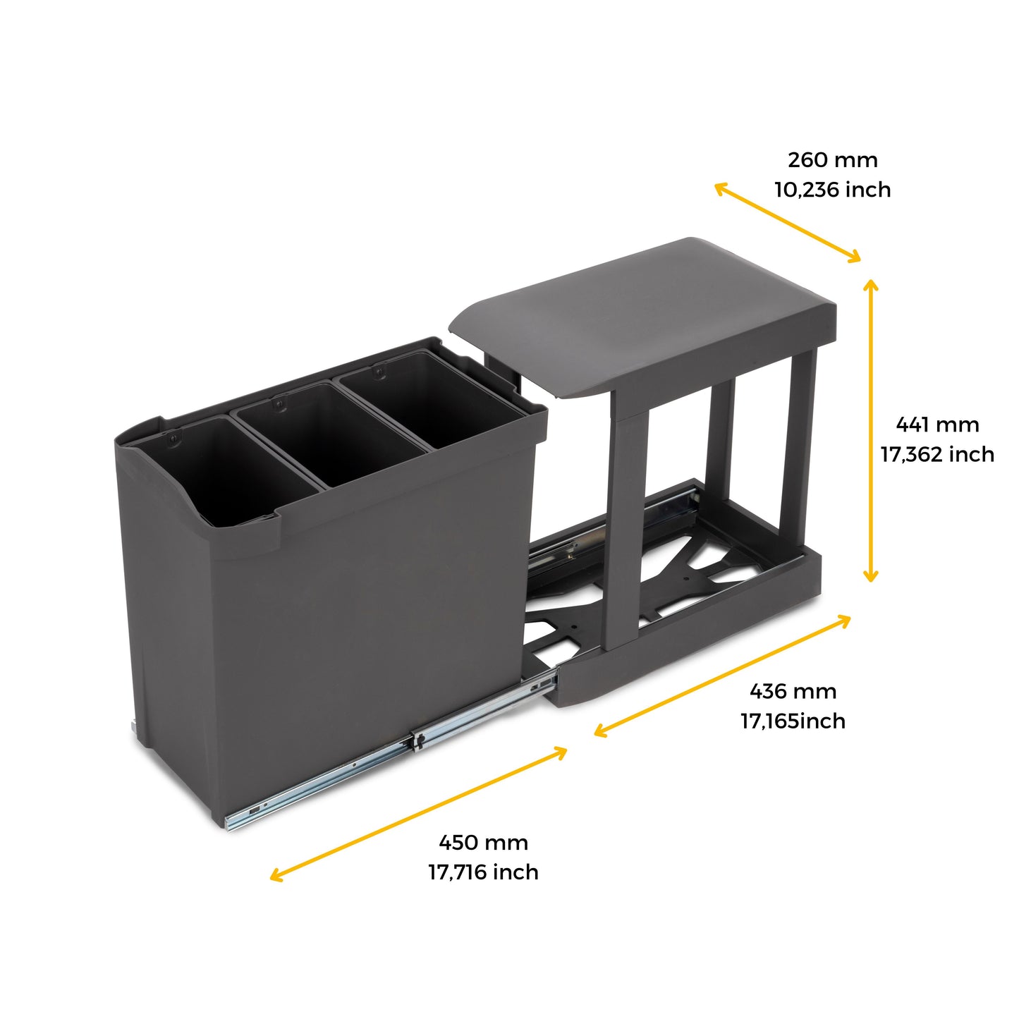 Emuca Pattumiere per raccolta differenziata per cucina, 3 x 10L, fissaggio inferiore, estrazione automatica, Acciaio e Tecnoplastica, Grigio antracite