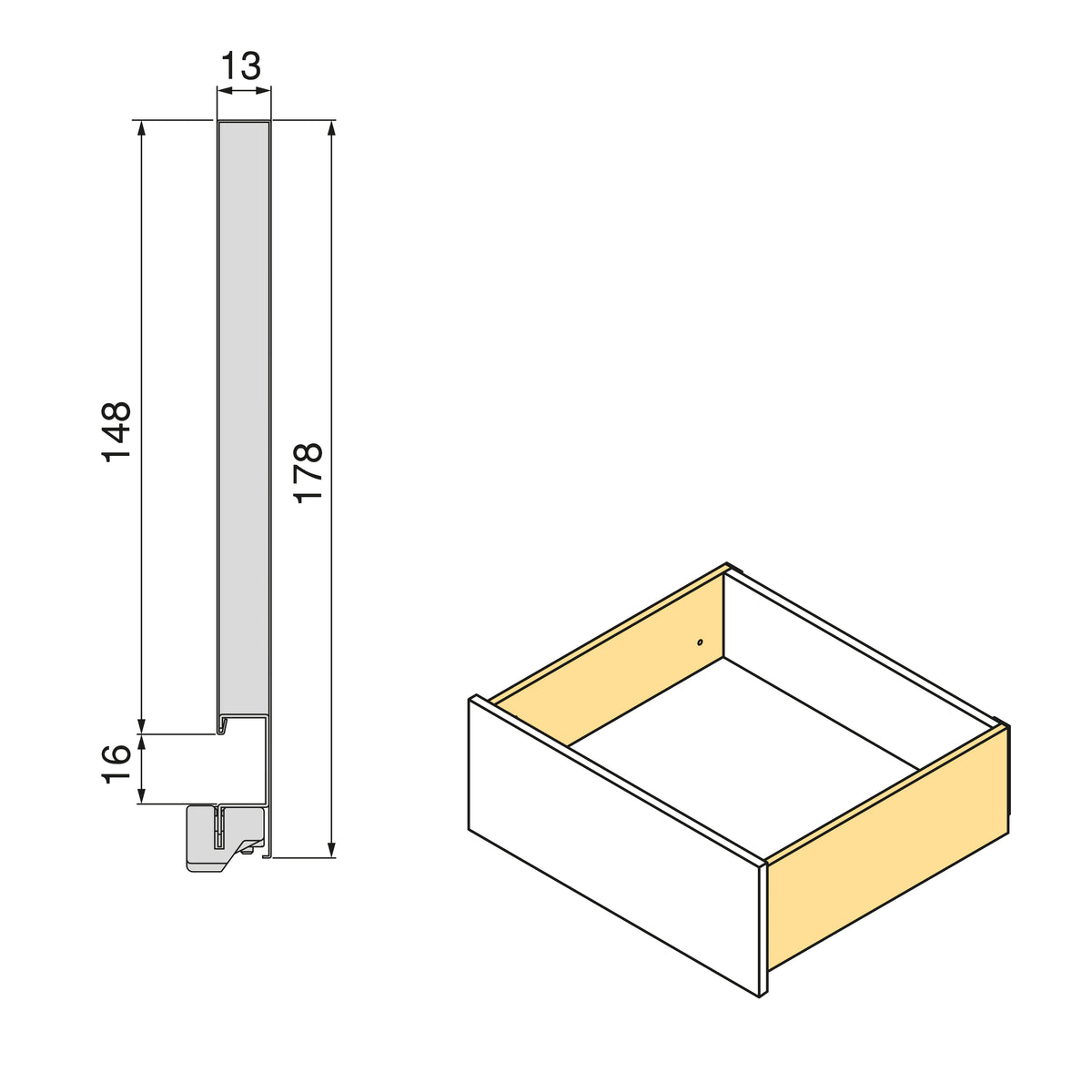 Cassetto esterno Vertex, 40kg, altezza 178mm e regolazione 3D