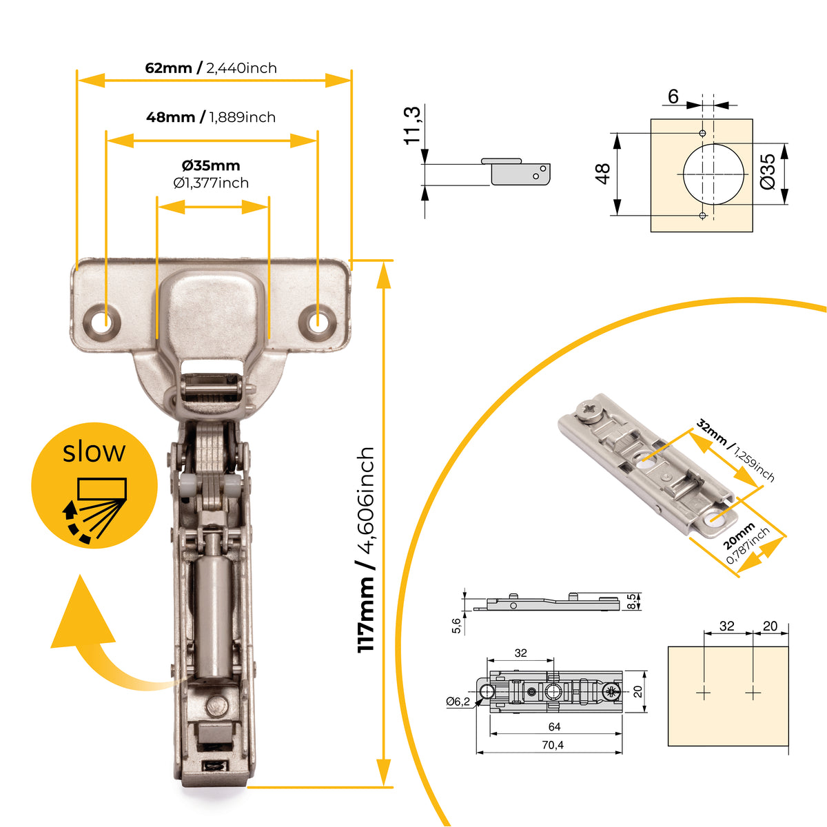 Kit cerniera mezzo collo X91 con chiusura ammortizzata e basetta dritto