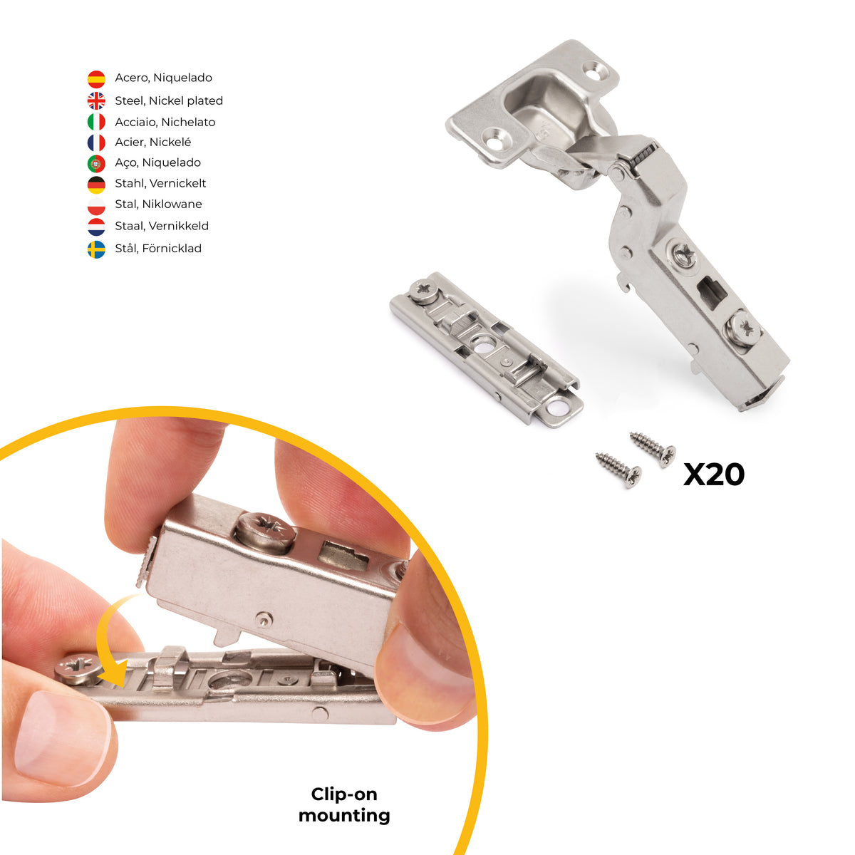 Kit cerniera collo alto X91 con chiusura ammortizzata e basetta dritto