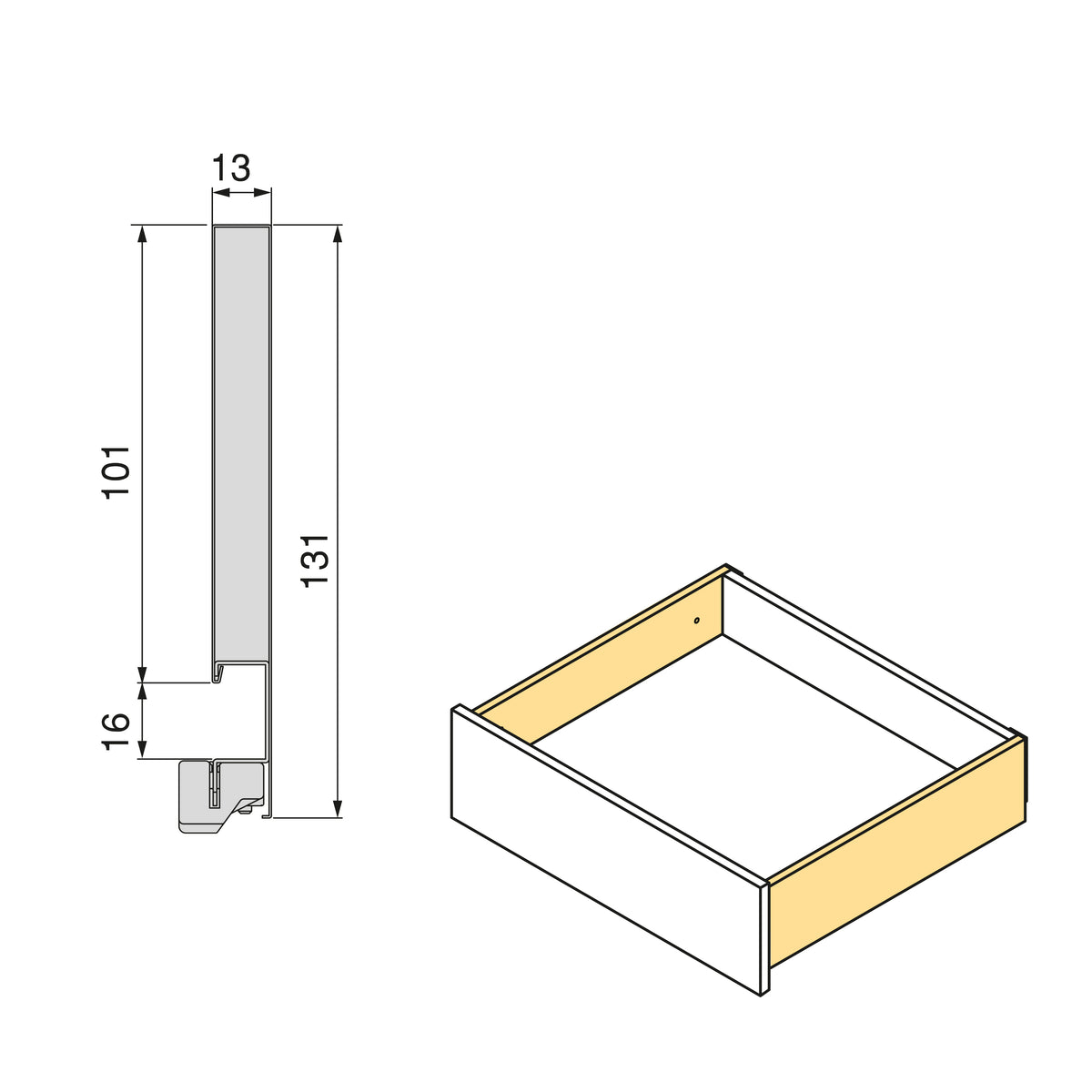 Cassetto esterno Vertex, 40kg, altezza 131mm e regolazione 3D