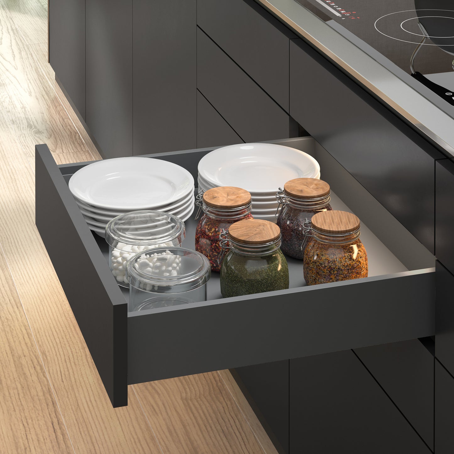 Emuca Cassetto Vertex Push Sincro con regolazione 3D, altezza 93mm, 40kg, profondità 450mm, Acciaio, Grigio antracite