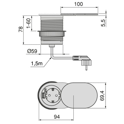 Emuca Multiconnettore con coperchio scorrevole Vertikal Flat 60, diametro 60 mm, 1 presa Schuko, 1 USB Tipo A, 1 USB Tipo C, Acciaio e Tecnoplastica, Acciaio inossidabile