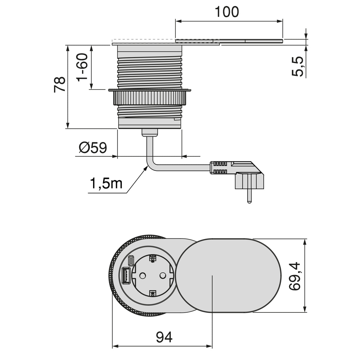 Multiconnettore Vertikal Flat 60 con copertura scorrevole (Ø60mm)