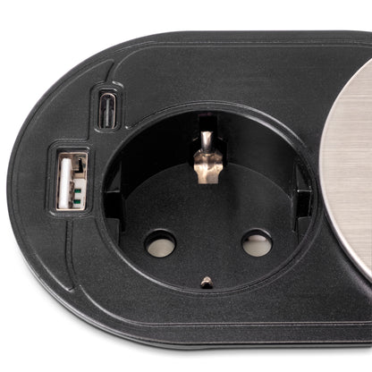 Emuca Multiconnettore con coperchio scorrevole Vertikal Flat 60, diametro 60 mm, 1 presa Schuko, 1 USB Tipo A, 1 USB Tipo C, Acciaio e Tecnoplastica, Acciaio inossidabile