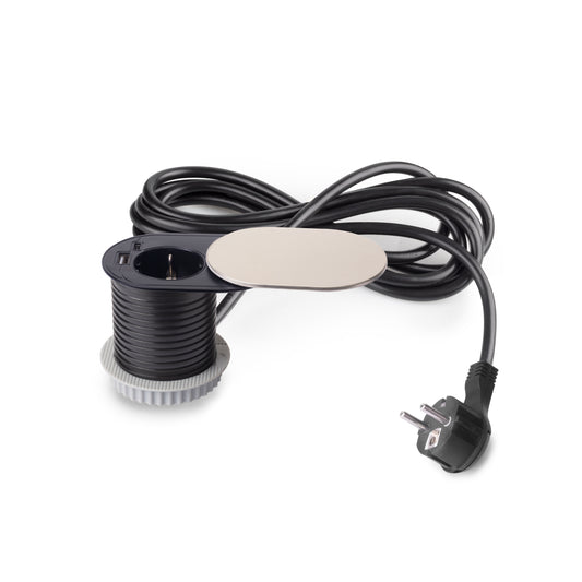 Emuca Multiconnettore con coperchio scorrevole Vertikal Flat 60, diametro 60 mm, 1 presa Schuko, 1 USB Tipo A, 1 USB Tipo C, Acciaio e Tecnoplastica, Acciaio inossidabile