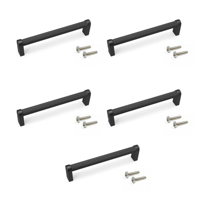 Emuca Lotto di 5 maniglie per mobili Bergen, L141mm, interasse 128mm, Alluminio, Verniciato nero