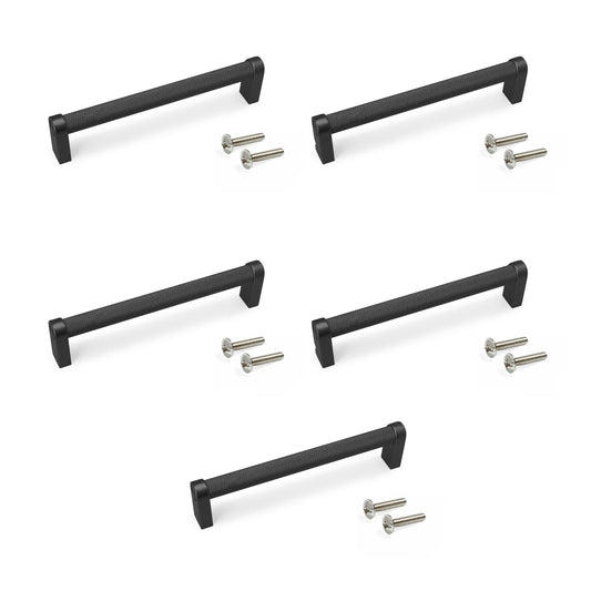 Emuca Lotto di 5 maniglie per mobili Bergen, L141mm, interasse 128mm, Alluminio, Verniciato nero