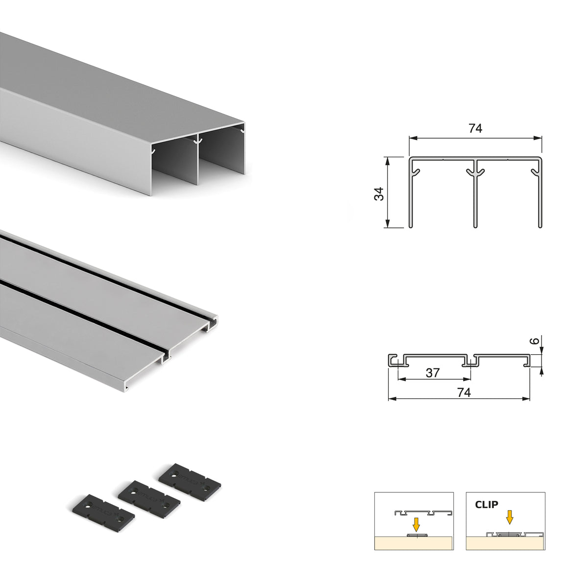Sistema scorrevole per armadio 2 ante a scorrimento inferiore Placard 74 con maniglia Sharp e chiusura soft