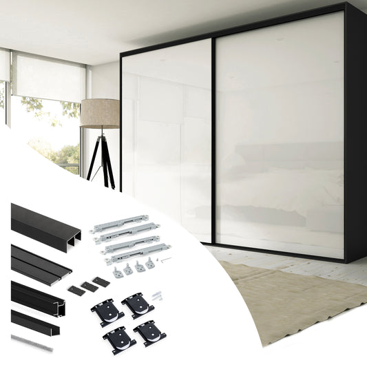 Emuca Kit di ferramenta per armadio 2 ante e chiusura ammortizzata Placard 74, Modello Maniglia Sharp, spessore 19 mm, pannelli non inclusi, Verniciato nero
