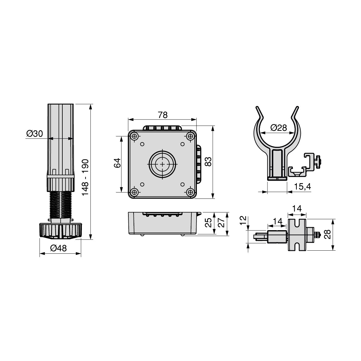 Emuca Kit di piedi regolabili Bone con base quadrata per mobili, altezza 150mm, regolabile 148-190mm, Tecnoplastica, Nera