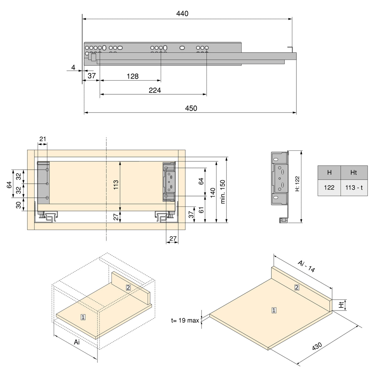 Cassetto esterno Simplex 25 kg altezza 122 mm